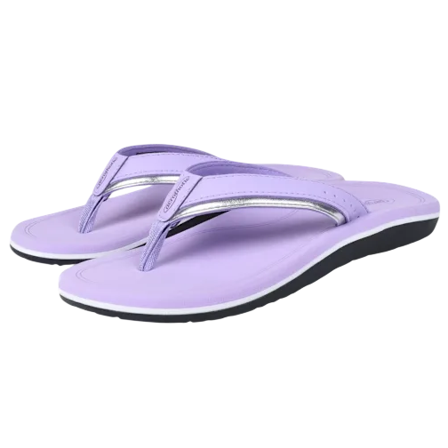 A pair of light purple flip-flops with a silver accent and a black sole.