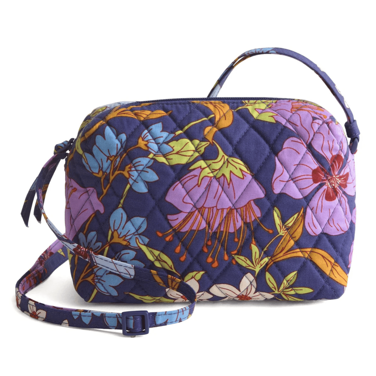 A quilted crossbody bag with a vibrant floral pattern, featuring purple, blue, and orange flowers, and a matching adjustable strap.