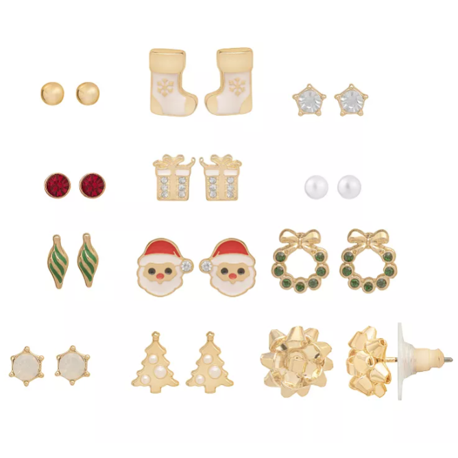 A collection of festive stud earrings featuring designs such as Santa, stockings, gifts, wreaths, stars, trees, bows, and pearl-like studs in gold tones with red and green accents.