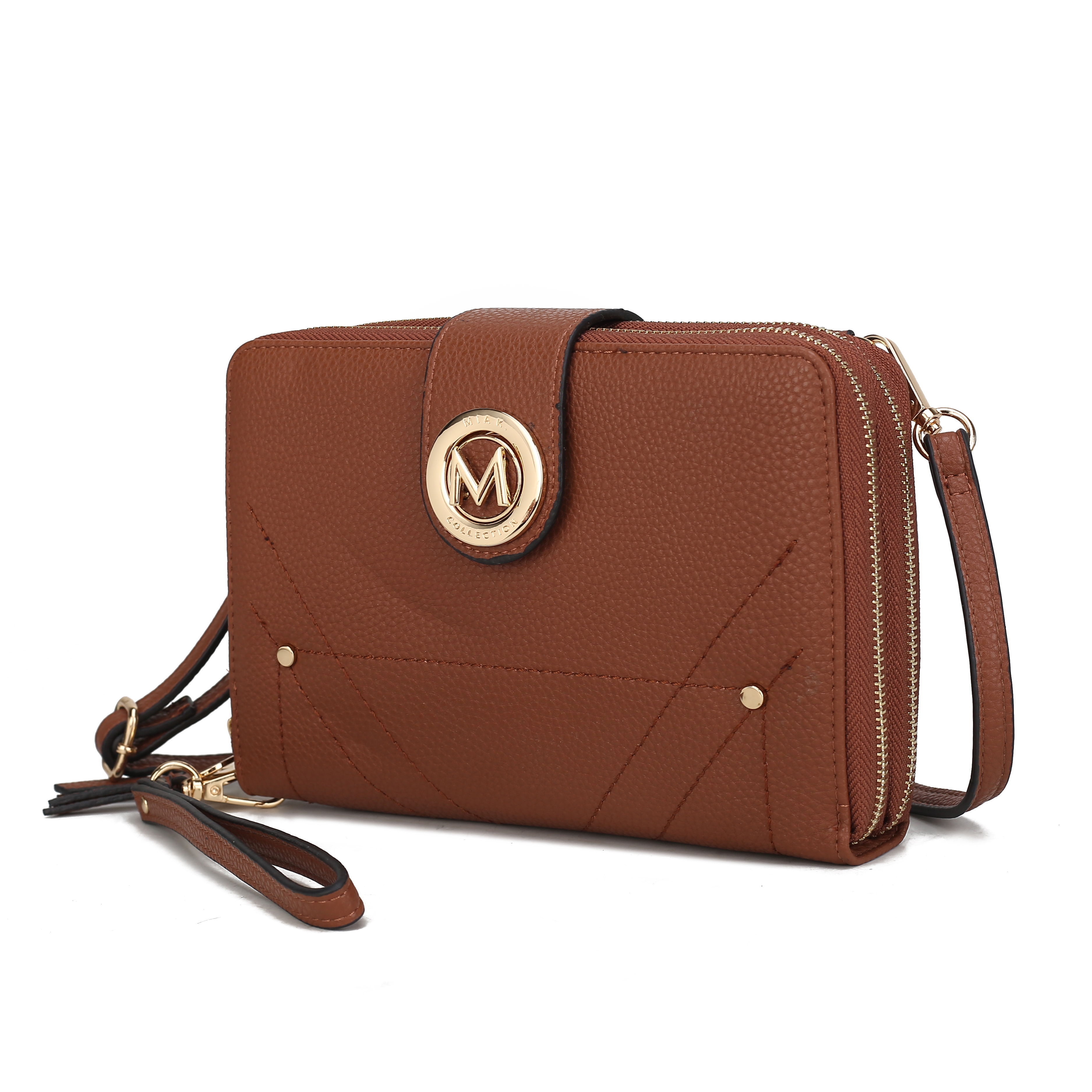 A brown textured crossbody wallet with a detachable strap, featuring a gold circular emblem with the letter \“M\“ on the front and a zippered compartment.