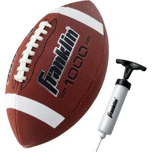 A Franklin 1000 football with white laces and stripes is shown alongside a small air pump.