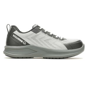 Gray Wolverine Bolt Durashocks work shoes feature a sleek design with durable mesh uppers, robust slip-resistant soles, and enhanced cushioning for comfort and stability.