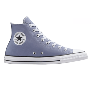 Light blue Converse Chuck Taylor All Star high-top sneakers with white laces, a rubber toe cap, and a white sole featuring a black stripe. The classic Converse logo patch is on the side.