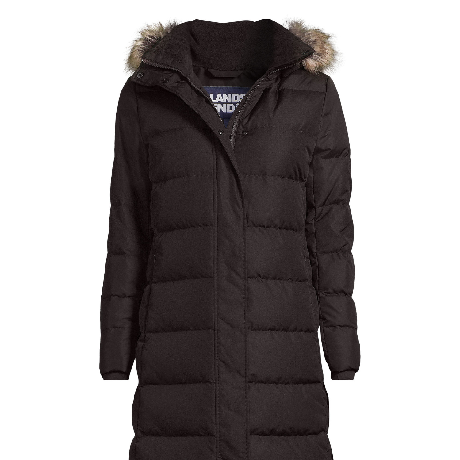 Lands' End Max 600 Down Puffer Jacket is a long, black, quilted coat with a faux fur-trimmed hood. Designed for warmth, it features a full front zip and puffed sleeves.