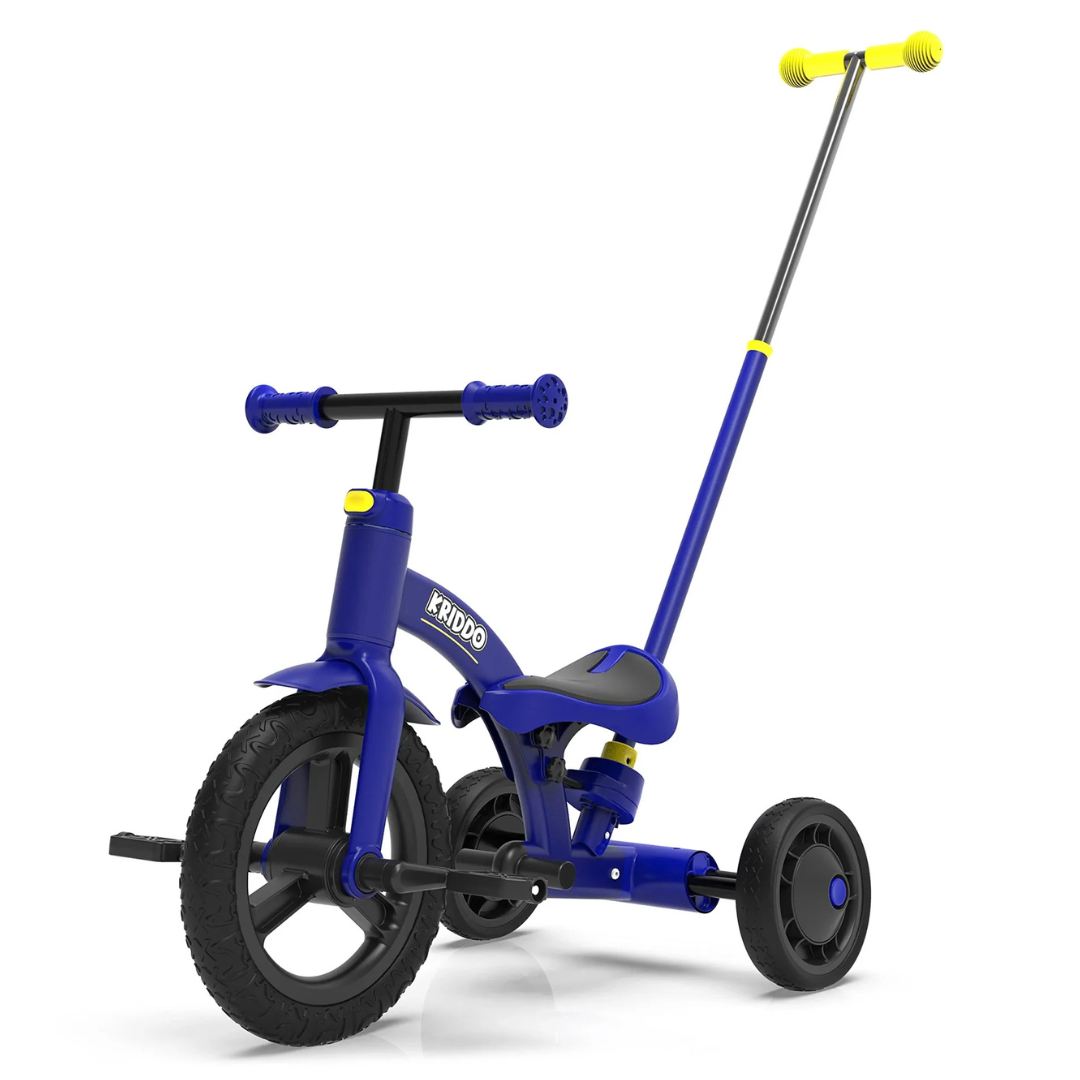 A blue KRIDDO 4-in-1 Kids Tricycle with a push handle, designed for toddlers. It features three wheels and a removable footrest, offering multiple riding options for growing children.