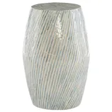 A mosaic-patterned stool with a glossy, textured surface in shades of blue and white.