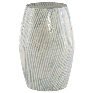 A mosaic-patterned stool with a glossy, textured surface in shades of blue and white.