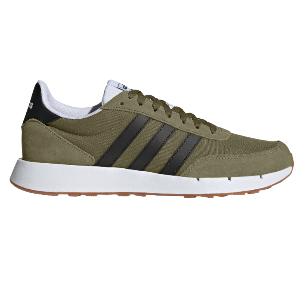 Olive green sneaker with black stripes, white midsole, and gum outsole. Classic low-top design with laces.