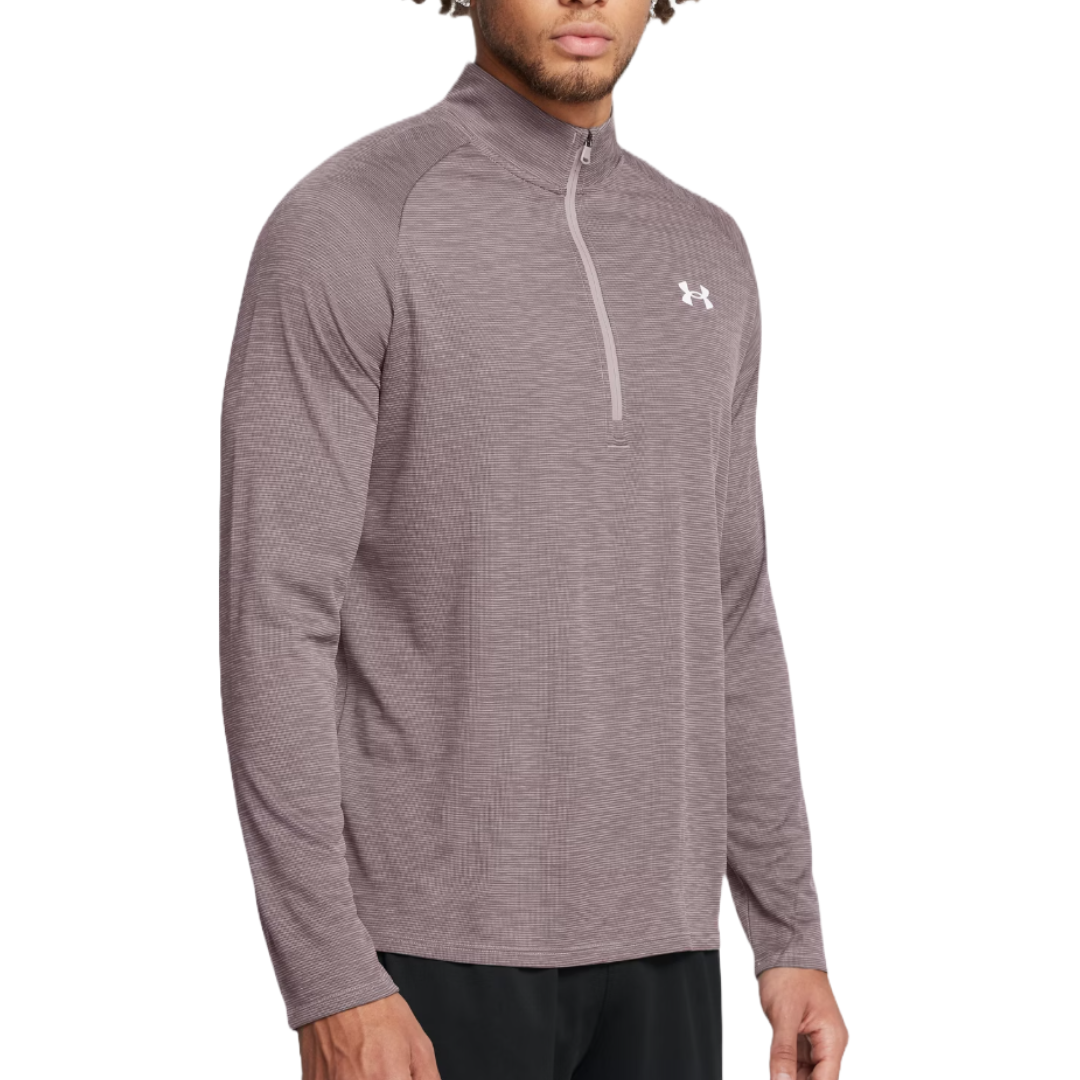 A men's Under Armour Tech Textured 1/2-Zip Pullover in a light purple color with a high collar and long sleeves, featuring the Under Armour logo on the chest.