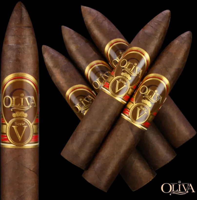 A collection of Oliva Serie V cigars with gold and red bands.