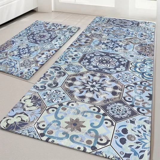 Two decorative floor mats with intricate blue and brown tile patterns featuring floral and geometric designs.
