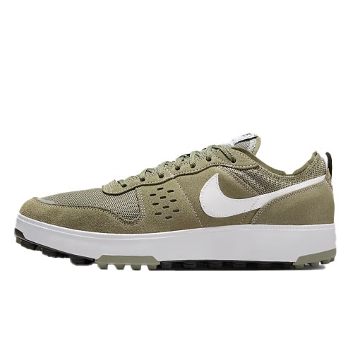Olive green and white Nike sneaker with a mesh and suede design, featuring a white swoosh logo, on a rubber sole with traction pattern.
