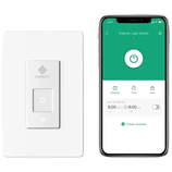 The image shows an Etekcity smart light switch alongside a smartphone displaying its control app, featuring an on/off button and options for scheduling and timers.