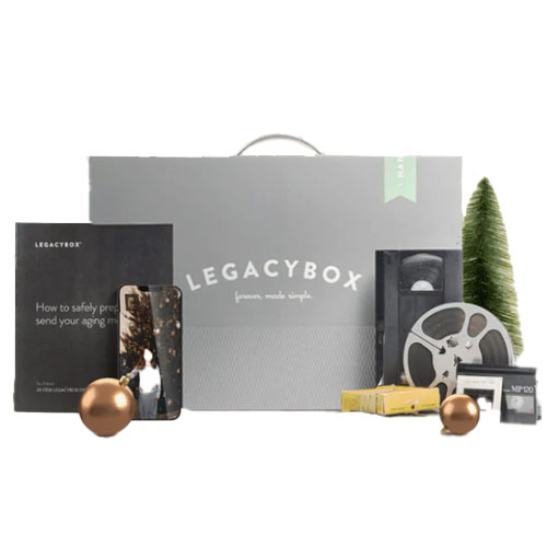 Legacybox conversion kits include items for digitizing old media such as VHS tapes, film reels, and photos. A guide on preparing and sending media is also included.