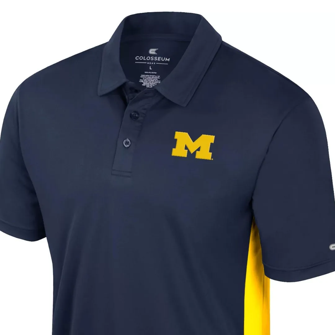 Navy blue polo shirt featuring a yellow 'M' emblem on the left chest area.