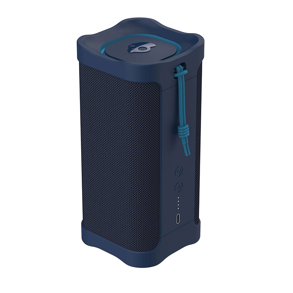 The Skullcandy Terrain XL Speaker is a rugged, portable Bluetooth speaker in dark blue, featuring a cylindrical design with side controls, a rope handle, and USB-C charging port.