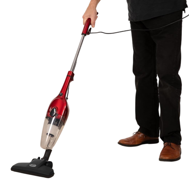 Ewbank Tempest Cyclonic Stick Vacuum features a lightweight, red design with a transparent dust container. It's corded, has an ergonomic handle, and comes with a flat vacuum head for easy maneuverability on different floor types.