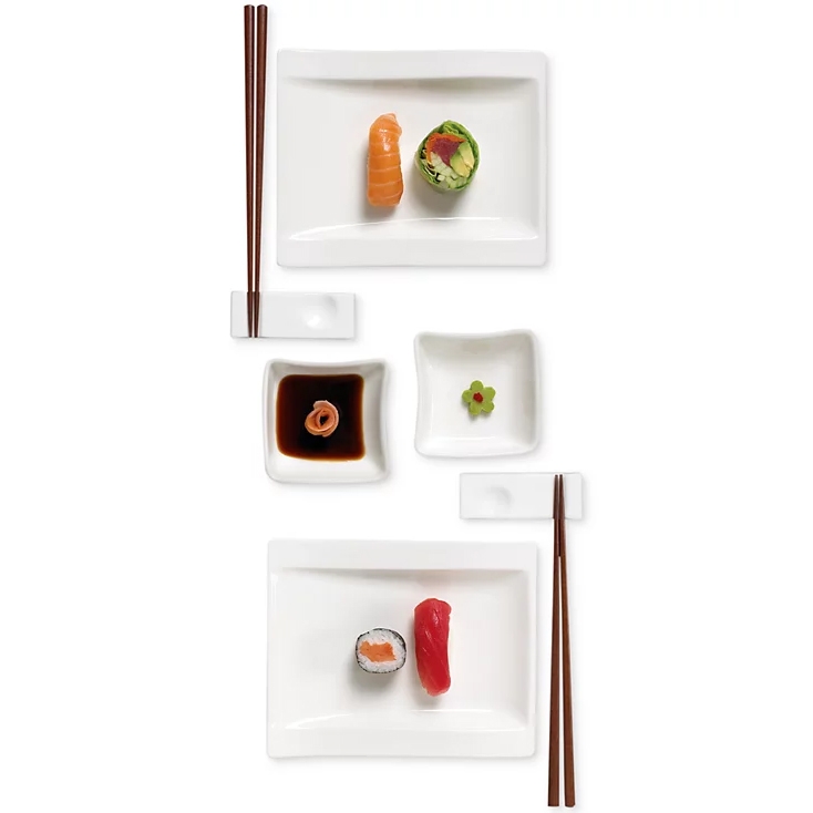 Sushi Dining Set for 2 includes two rectangular plates, two pairs of chopsticks with holders, two small square dishes for soy sauce, and two small dishes for wasabi or garnishes.