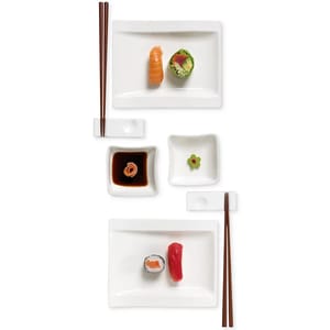 Sushi Dining Set for 2 includes two rectangular plates, two pairs of chopsticks with holders, two small square dishes for soy sauce, and two small dishes for wasabi or garnishes.