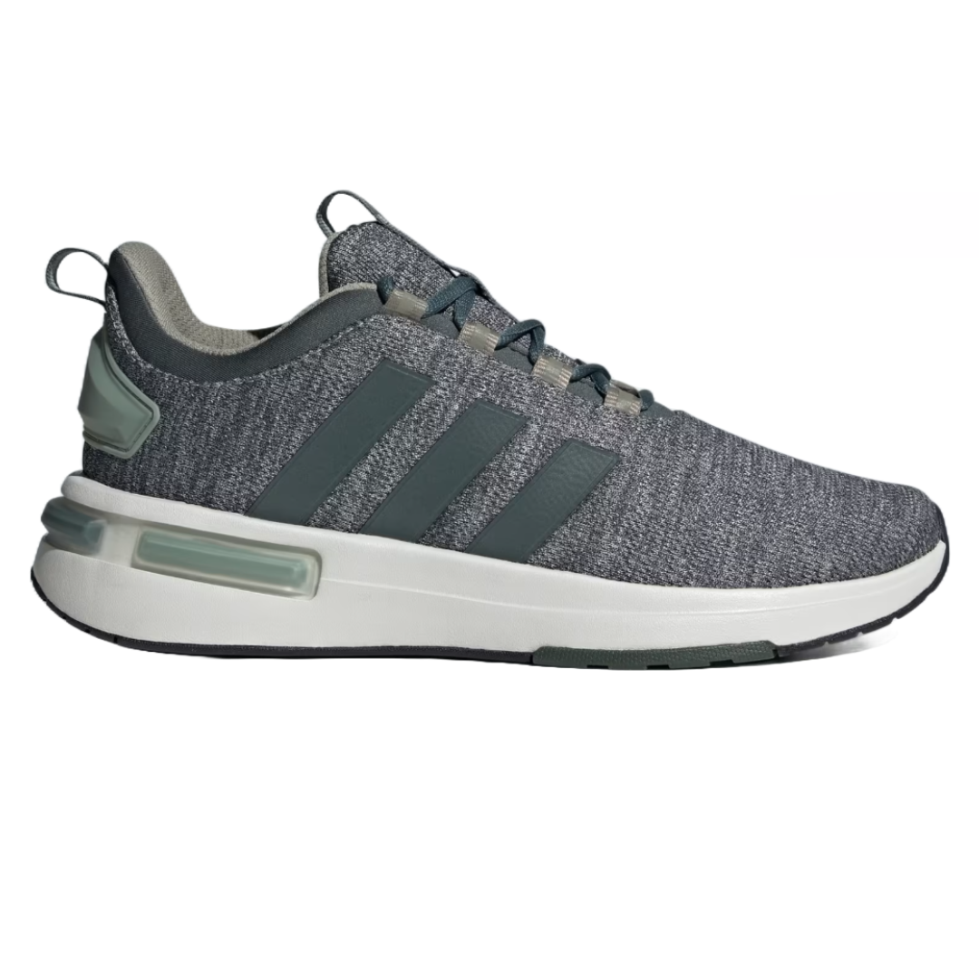 Adidas Racer TR23 Shoes feature a gray knit upper with three dark stripes, a cushioned white sole with green accents, and pull tabs on the heel and tongue for easy wear.