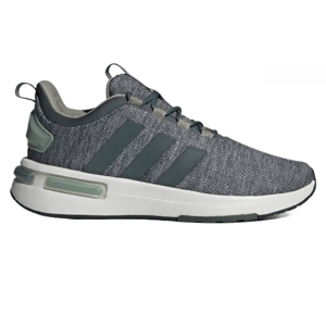 Adidas Racer TR23 Shoes feature a gray knit upper with three dark stripes, a cushioned white sole with green accents, and pull tabs on the heel and tongue for easy wear.