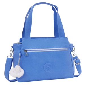 Blue tote bag with a front zip pocket, dual handles, detachable shoulder strap, and a plush charm.