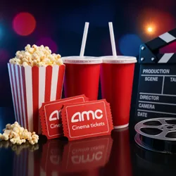 Popcorn, two red cups with straws, two AMC cinema tickets, a clapperboard, and a film reel are displayed against a blurred background.