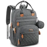 A gray multi-pocket backpack with brown leather accents, featuring a quilted front pocket and an attached small round pouch.