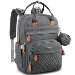 A gray multi-pocket backpack with brown leather accents, featuring a quilted front pocket and an attached small round pouch.