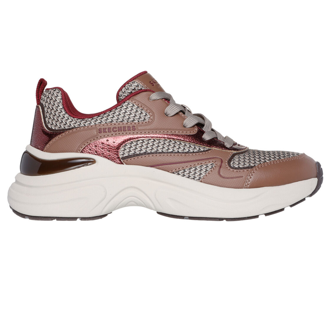 Brown and white chunky sneakers with metallic and knit mesh uppers featuring a lace-up design and Skechers logo.
