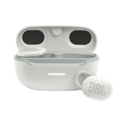 White JBL wireless earbuds with charging case, featuring the JBL logo on the earbuds.