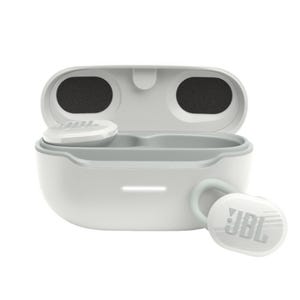 White JBL wireless earbuds with charging case, featuring the JBL logo on the earbuds.