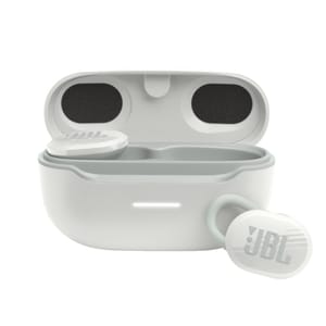 White JBL wireless earbuds with charging case, featuring the JBL logo on the earbuds.
