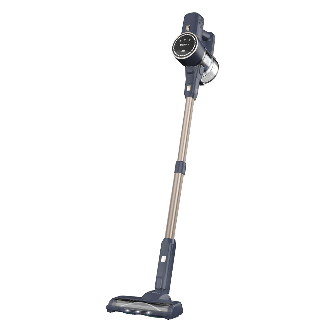 A sleek, stick-style Oraimo Cordless Vacuum with a long, slender handle and a motorized brush head for easy maneuverability. The vacuum features a display for settings and is designed for efficient cleaning.