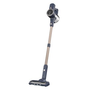 A sleek, stick-style Oraimo Cordless Vacuum with a long, slender handle and a motorized brush head for easy maneuverability. The vacuum features a display for settings and is designed for efficient cleaning.