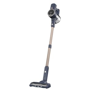 A sleek, stick-style Oraimo Cordless Vacuum with a long, slender handle and a motorized brush head for easy maneuverability. The vacuum features a display for settings and is designed for efficient cleaning.