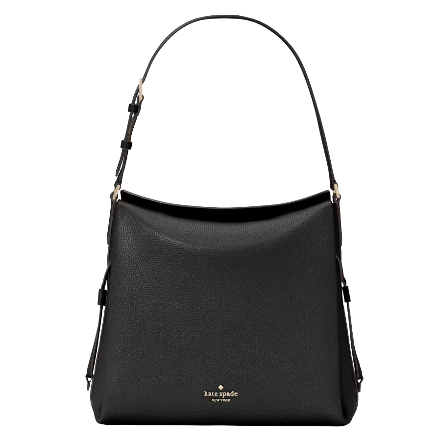 Black Kate Spade New York leather shoulder bag with adjustable strap and gold logo detailing on the front.