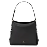 Black Kate Spade New York leather shoulder bag with adjustable strap and gold logo detailing on the front.