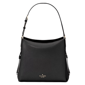 Black Kate Spade New York leather shoulder bag with adjustable strap and gold logo detailing on the front.