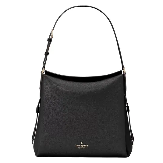 Black Kate Spade New York leather shoulder bag with adjustable strap and gold logo detailing on the front.