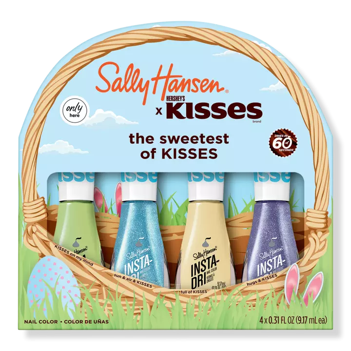 Sally Hansen x Hershey's KISSES nail polish collection with three shades displayed in an Easter basket design.