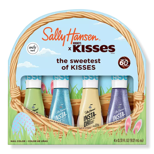 Sally Hansen x Hershey's KISSES nail polish collection with three shades displayed in an Easter basket design.