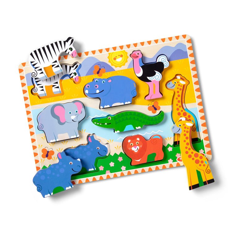 A colorful animal-themed wooden puzzle featuring a zebra, hippo, ostrich, elephant, crocodile, lion, rhino, and giraffe, designed for children's play and learning.