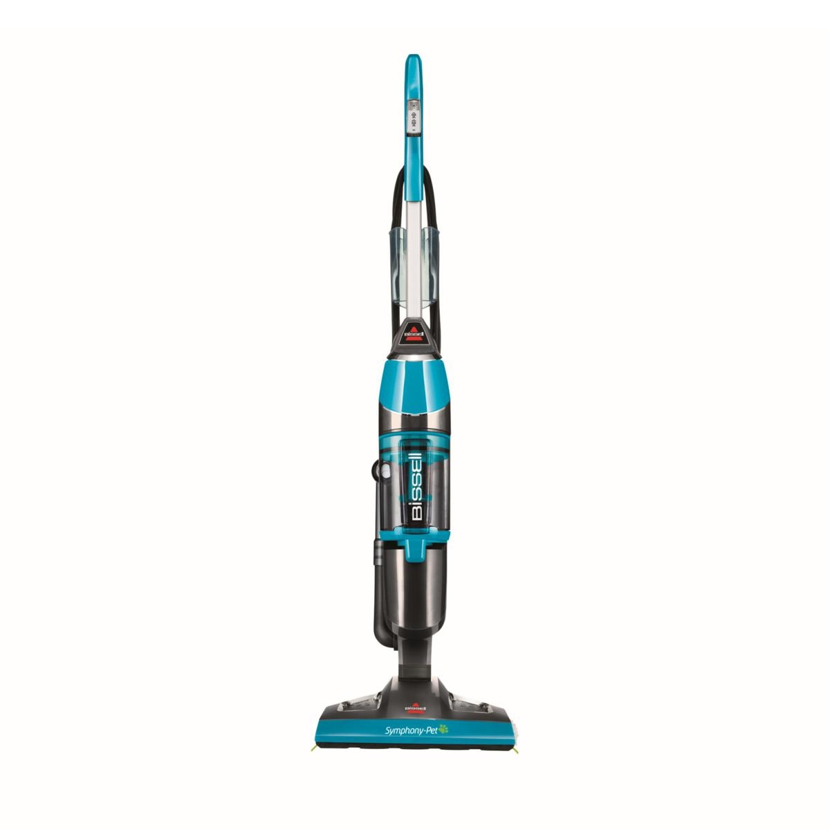 Bissell Symphony Plus All-in-One Vac is a turquoise upright vacuum cleaner that combines vacuuming and steaming for cleaning floors, ideal for pet owners.
