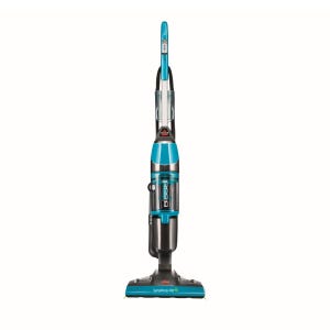 Bissell Symphony Plus All-in-One Vac is a turquoise upright vacuum cleaner that combines vacuuming and steaming for cleaning floors, ideal for pet owners.