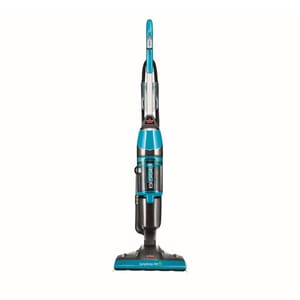 Bissell Symphony Plus All-in-One Vac is a turquoise upright vacuum cleaner that combines vacuuming and steaming for cleaning floors, ideal for pet owners.