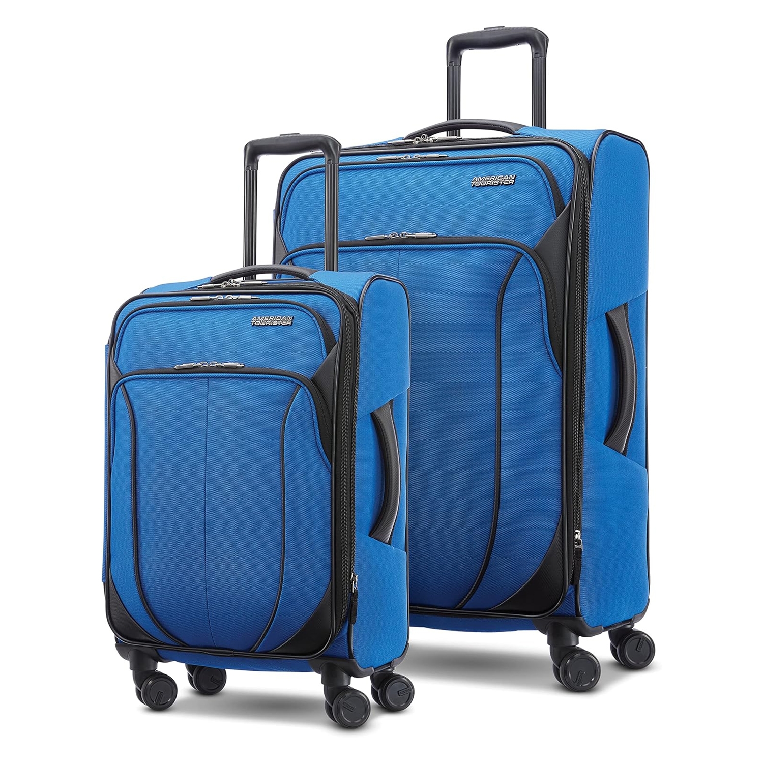 A set of two blue American Tourister softside suitcases with black accents, featuring telescoping handles and four spinner wheels for mobility.