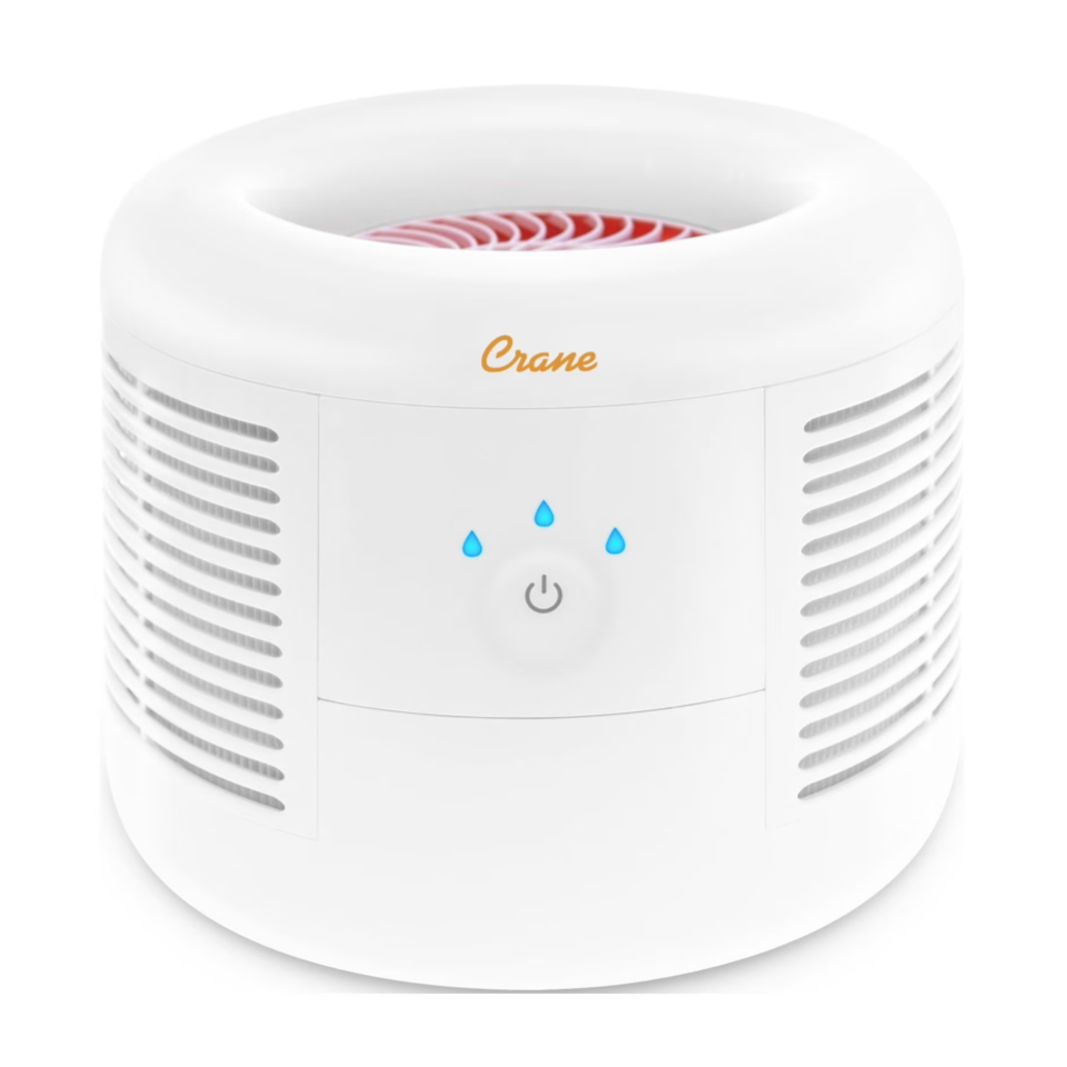 A white Crane air purifier with cylindrical design featuring side vents, a digital display, and control buttons.