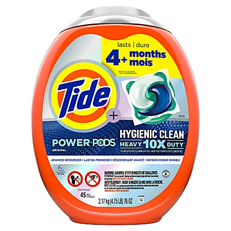 Tide Power Pods Hygienic Clean Heavy 10X Duty detergent, 2.17 kg (76 oz), lasting 4+ months, with advanced deodorizer and freshness lock. Contains 45 pods.