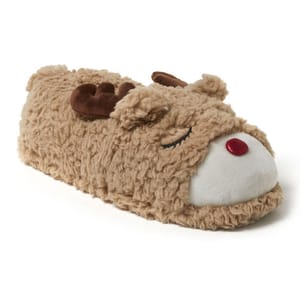 Unisex Dearfoams Reindeer Slippers feature a fluffy reindeer design with closed eyes, brown antlers, and a round red nose. Soft and cozy, these slippers are perfect for keeping feet warm and festive.